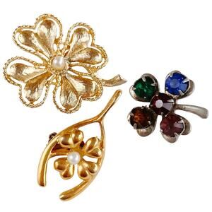 VTG Lot of 3 Brooches Mid Century Clover and Wishbone Faux Pearl Rhinestone
